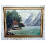 Original Framed Oil On Canvas, Mountain Sea Scape, By E. Holskly, 27.5" x 35.5"