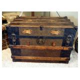 Antique Wood Travel Trunk With Metal Hardware, Contents Not Included, 21" x 31" x 19"
