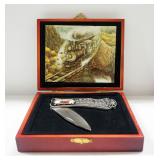 Decorative Folding Knives With Wood Display Boxes, One Duck Themed, One Locomotive Themed