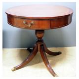 Round Single Drawer Pedestal Side Table, With Brass Claw Feet, Gold Tone Scroll Decor, Some Wear, 28