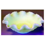 Fenton Rippled Vaseline Glass Candy Dish, 8" Diameter, Glows Under Blacklight