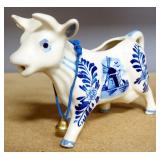 Hand Painted Delft Blue Ceramic Cow, Ceramic And Metal Candle Stand, Cristal Sevres Blue Glass Umbre