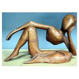 Brass Table Lamp, Powers On, And Wood Figure Of Reclining Person