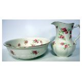 Vintage Bisto England Porcelain Pitcher And Basin With Pink Rose Design, Pitcher Is 11.5" H, Basin I