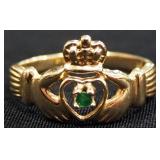 14K Claddagh Ring With Emerald Stone, Size 6-3/4 And 18K Gold Plated Bracelet