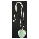 Sterling Silver Chain Necklace With Heart Shaped Stone Believed To Be Jade