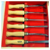 Set Of Two Cast Iron Handle AMT Spokeshaves In Wood Box, AMT 6-Piece Wood Carving Chisel Set In Wood