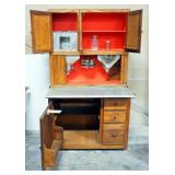 Antique Hoosier Cabinet With Original Hoosier Label, Very Complete, With Sifters, Slide-Out Shelf, G