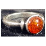 Sterling Silver Ring, Size 7-1/4 With An Amber Colored Stone