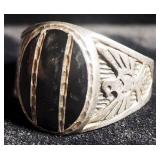 Sterling Silver Ring, Size 12, With Black Stone And Eagles On Band