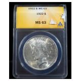 1922 Peace Dollar, MS 63, Slabbed By ANACS