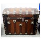Antique Camelback Trunk With Metal Accents And Locks, 25.5" High x 32.25" Wide x 20" Deep