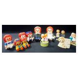Raggedy Ann And Andy Figurines, Includes Ceramic Sitting Figures, Ceramic Planters, Music Box, Wood 