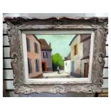 Original Oil On Canvas Of Flowers, Framed, 18.25" W x 22.25" H And Original Oil On Board Of Street, 