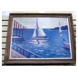 Print On Board Of Sailboats In Harbor By Wallace H. Smith, Framed, 32.5" Wide x 25" High