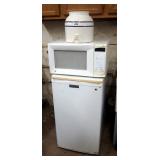GE Mini Fridge, Model TAX4DNYCMH - 35" x 19" x 18"; GE Microwave; And Water Dispenser