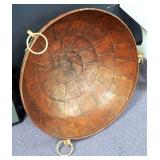 Large Decorative Paneled Copper Finish Bowl With Handles, 28.5" Round