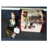 Decorative Wood Storage Trunk With Gift Craft Beach Ball Figure, Tassel, And Battery Operated Clock