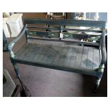 Wood Bench With Scrolled Arms And Turned Legs, 30.5" x 46" x 21"