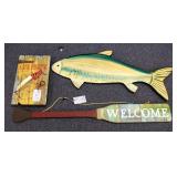 Lake/Cabin Decor Including "Gone Fishing" Wall Key Holder, Painted Wood Carp Wall Hanging, And Hangi