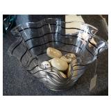 Black Swirl Art Glass Bowl With Ruffled Edge, 10" x 18", Includes Lamp Maker Pet Rocks