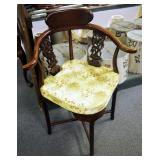 Asian Inspired Carved Wood Accent Corner Chair With Upholstered Cushion, 34" x 26.5" x 22"
