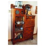 Antique Solid Wood 4-Drawer Secretary Cabinet With Carved Front & Beveled Glass Tilt Mirror, 67" x 4