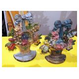 Antique Painted Cast Iron Bouquet Basket Door Stops, Qty 2, 10" And 10.5"