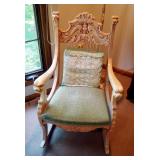 Antique Solid Wood Rocking Chair With Carved Griffin Armrests And Back, 37" x 24" x 34"