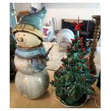 19" Ceramic Lighted Christmas Tree And 20" Ceramic Snowman