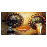 Carnival Glass Assortment Including Ruffled Bowls, Stemmed Candy Dish, Candle Votive, And More, Qty 