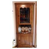 Solid Wood, Lighted, 2 Door Corner Cabinet With Leaded Glass Door, 74" X 30" X 19"