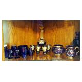 10" Painted Glass Decanter, 4 Matching Sherry Glasses, Creamer/Sugar, Cobalt Blue Glass Jars And Mor