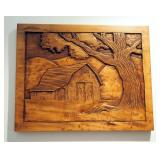Hand Carved, Barn and Tree Wall Art, Signed By Artist, 15" X 19", 20" Wall Shelf, And Collectible Gl