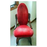 Antique Upholstered Rocking Chair With Carved Accents, 32.5" X 18" X 30"