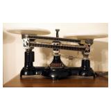 Vintage Fisher Scientific OHAUS Balance Scale 2 Kilo Capacity With Porcelain Trays, And Vintage Cast