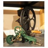 Primitive Manual Cast Iron Peeler And Antique Cast Iron Hand Grinder On Wood Base