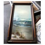 Framed Jim Garcia Ocean Waves Oil On Canvas, Jesus Sketch, John Wayne Sketch, 3-D Paper Print, And A