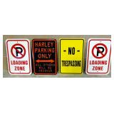 Metal Parking Signs, Includes "No Loading Zone" (2), "No Trespassing" And "Harley Parking Only", Tot