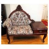 Antique Victorian Storage Bench With Rolled Arm, Carved Wood Trim And Carved Legs, 47" x 52" x 23"