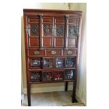 Antique Oriental Storage Hutch With Dovetail Construction, Accent Carving, And Brass Hardware, 72" x