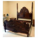 Victorian Carved Wood Queen Size Bed Frame, Includes Headboard (89" x 66.5"), Foot-board (39" x 66")