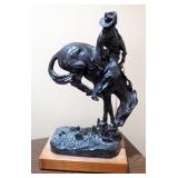 "Outlaw" Bronze Statue Sculpture By Frederic Remington, 21.5" x 13" x 7", On Rotating Wood Base