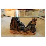 Cast Western Sculpture Coffee Table With Oval Beveled Glass Top, 23" x 43.5" x 27.5"