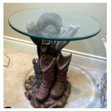 Cast Western Sculpture Accent Table With Round Beveled Glass Top, 21.5" x 20" Round