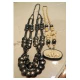 Carved Bone Elephant Necklace 13", And Silver Toned Hammered Button Necklace 16"