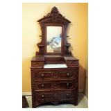 Antique Solid Wood 5-Drawer Chest Of Drawers With Tilt Mirror And Marble Vanity Top, 84" x 39.5" x 1