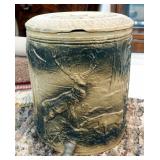 Antique Stag And Deer Stoneware Water Cooler Crock With Pine Cone Motif Lid, 15" x 12" Round