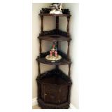 Solid Wood Corner Shelf With Carved And Turned Wood Accents, 63" x 20" x 14"