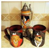 11.5" Ceramic Stein Music Box Made In Germany, Always Azul Pottery Ceramic Pirate Mugs QTY 2